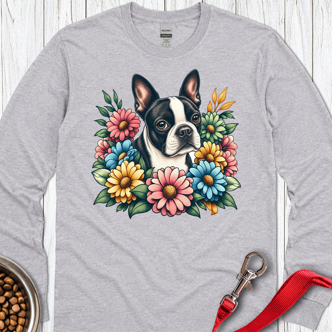 Boston Terrier Flower Wreath Long Sleeve — Sport Grey