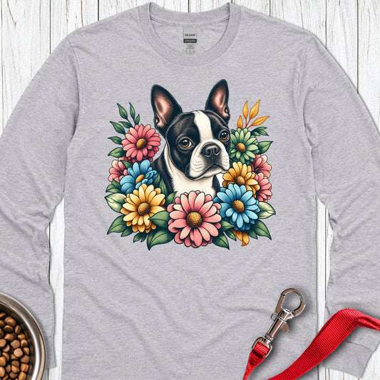 Boston Terrier Flower Wreath Long Sleeve — Sport Grey