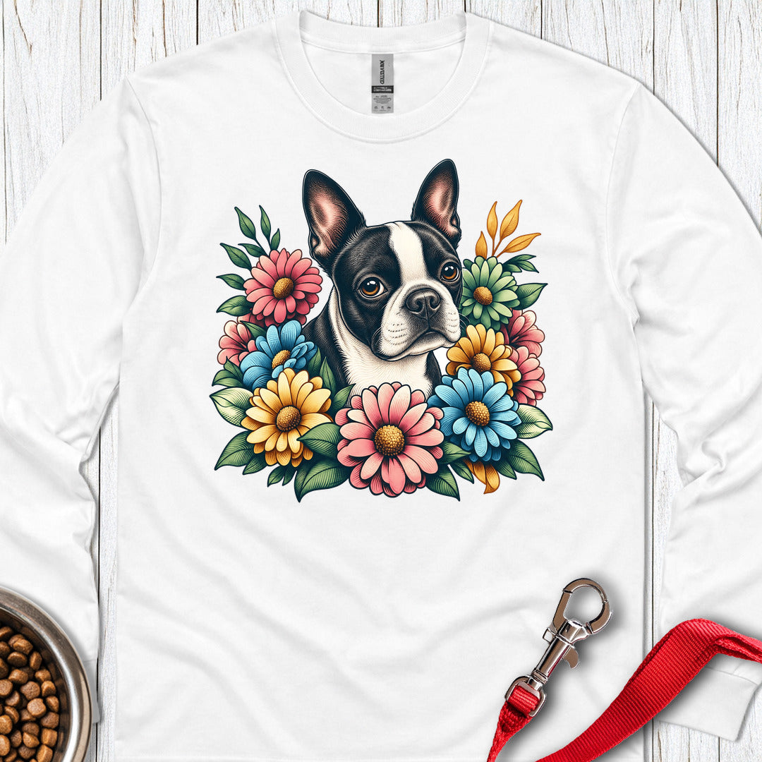 Boston Terrier Flower Wreath Long Sleeve — White