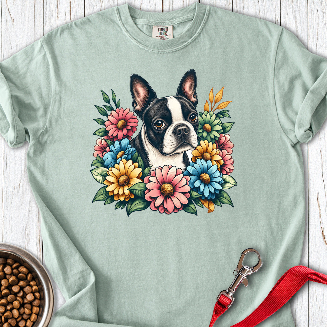 Boston Terrier Flower Wreath Premium Tee — Bay