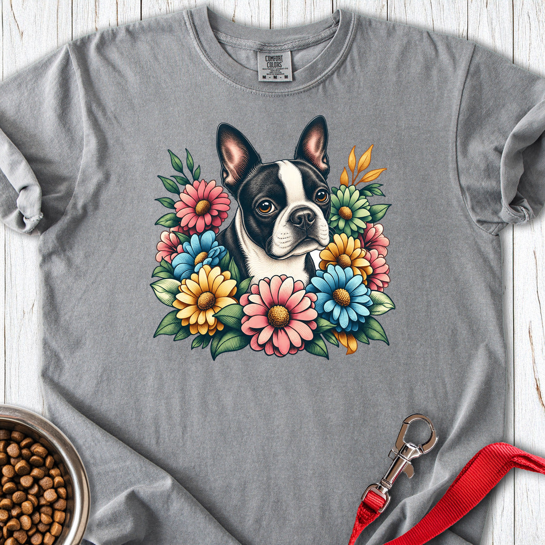Boston Terrier Flower Wreath Premium Tee — Grey