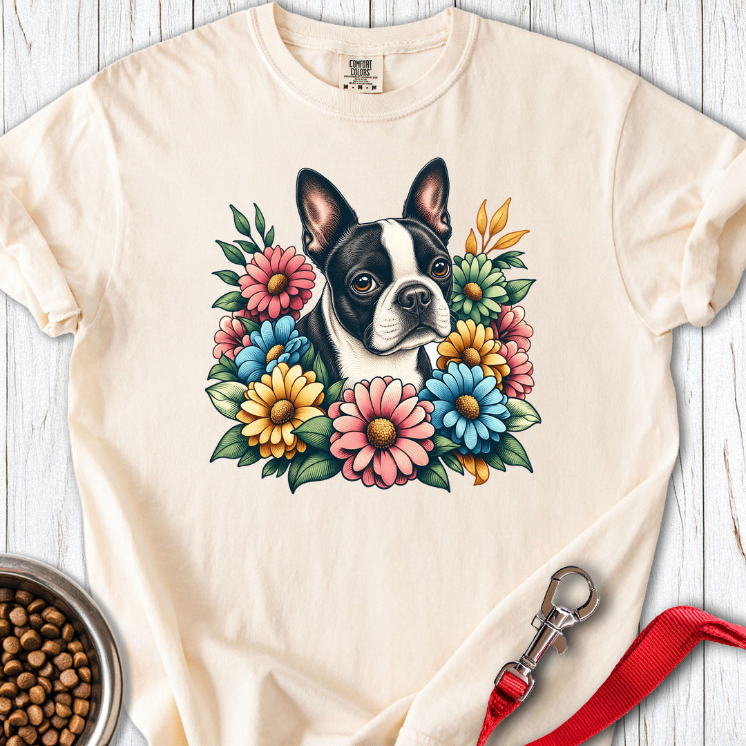 Boston Terrier Flower Wreath Premium Tee — Ivory