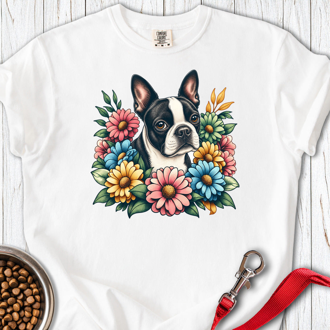 Boston Terrier Flower Wreath Premium Tee — White