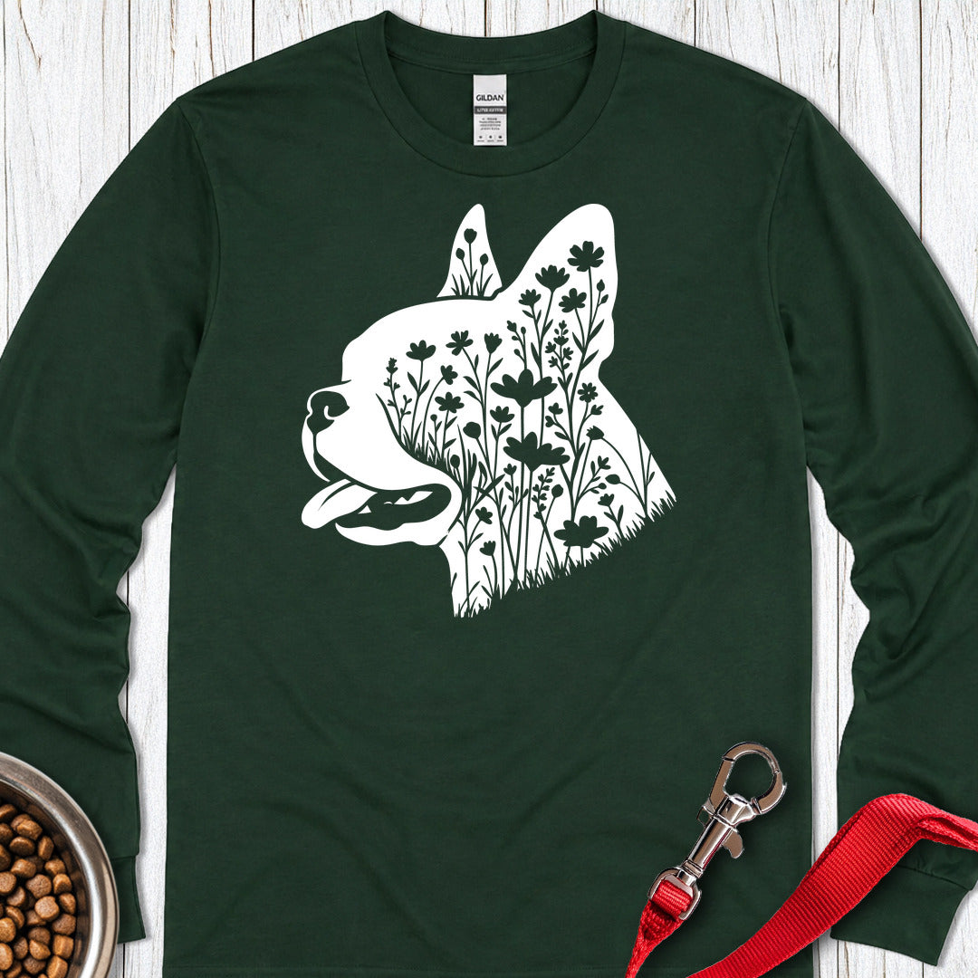 Boston Terrier Flowers Long Sleeve — Forest Green