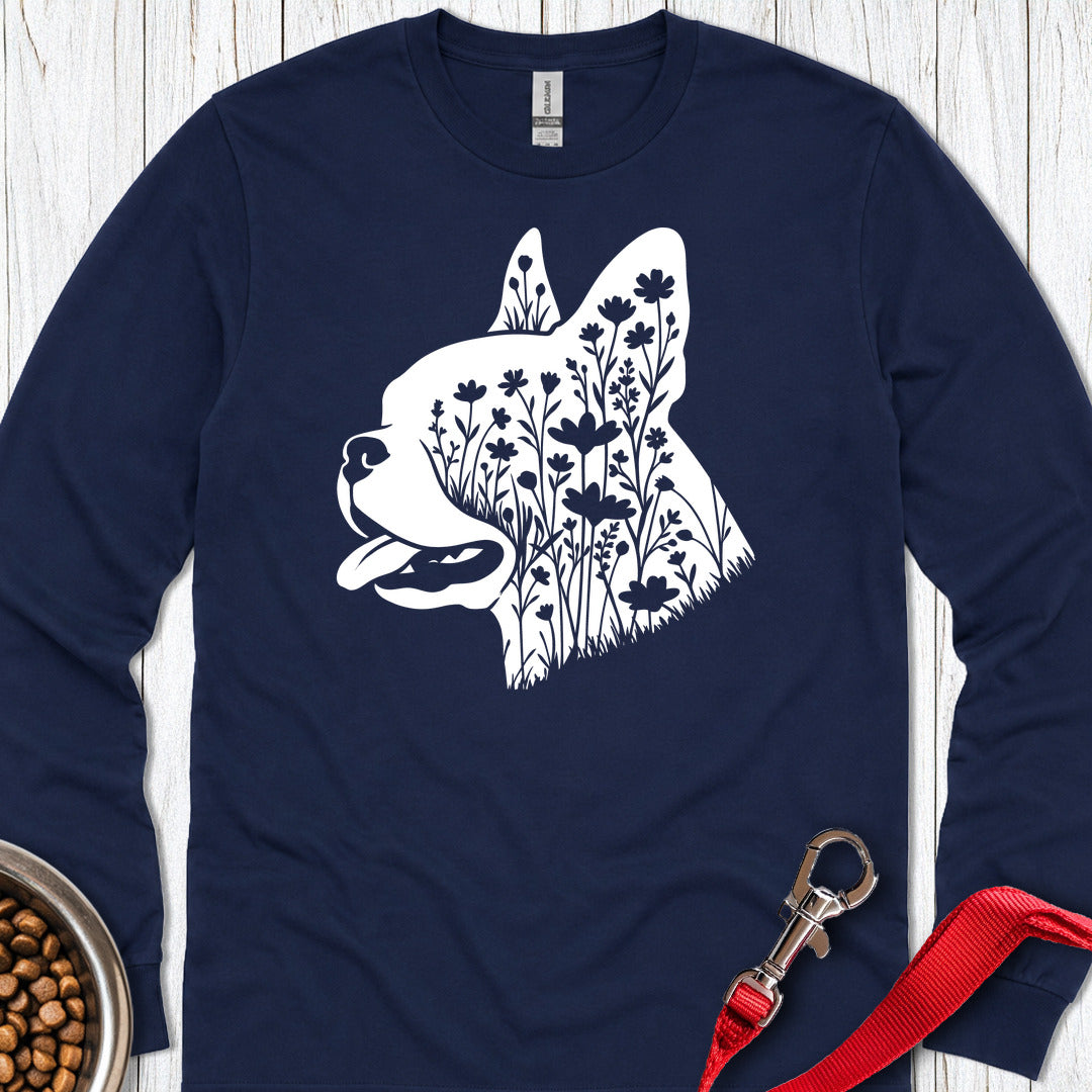 Boston Terrier Flowers Long Sleeve — Navy