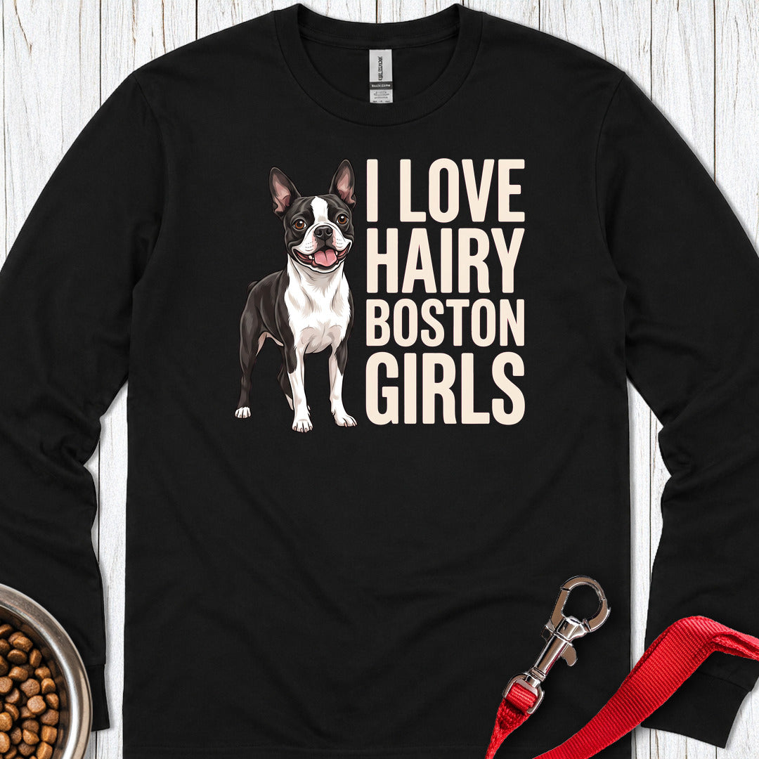 Boston Terrier Hairy Girls Long Sleeve — Black