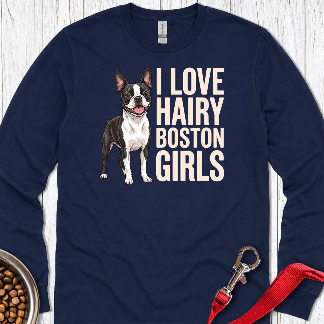 Boston Terrier Hairy Girls Long Sleeve — Navy
