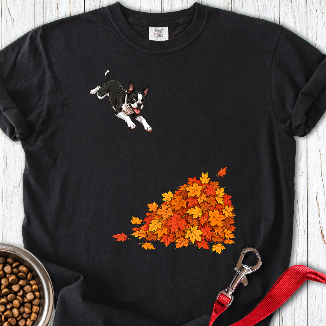 Boston Terrier Leaf Pile Premium Tee — Black