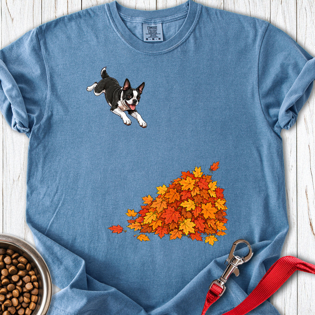 Boston Terrier Leaf Pile Premium Tee — Blue Jean