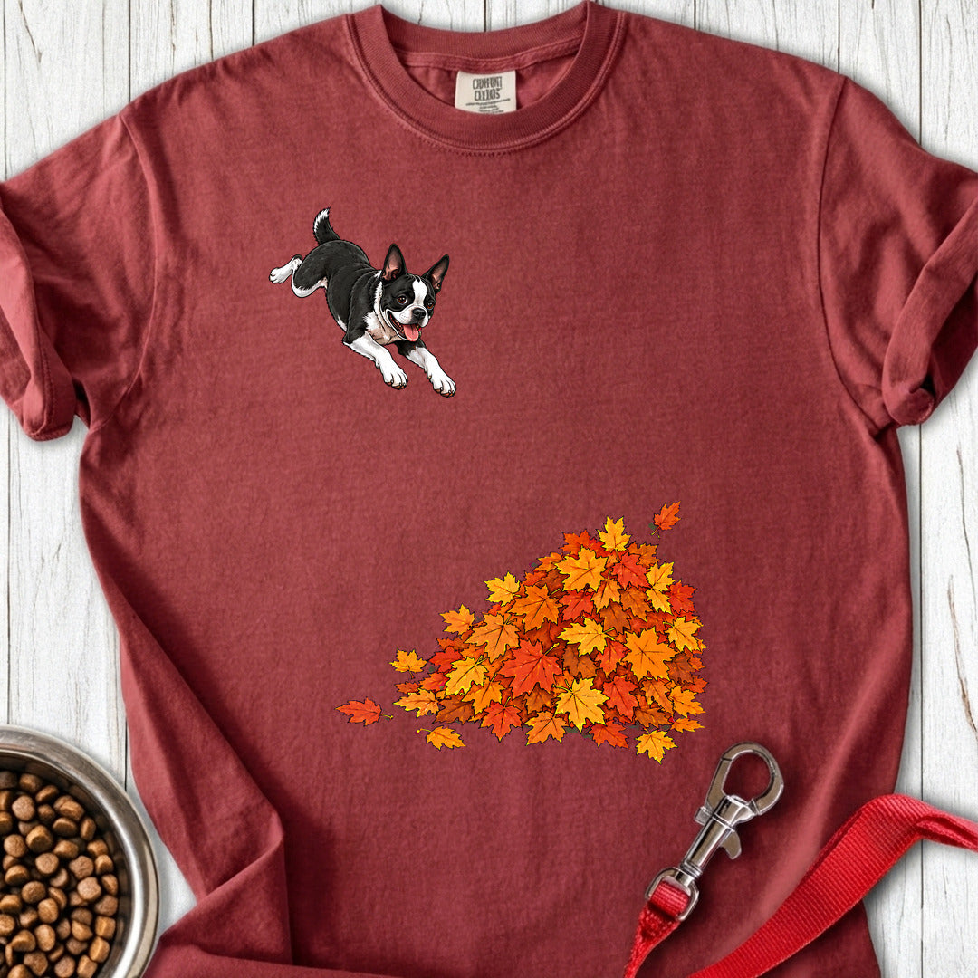 Boston Terrier Leaf Pile Premium Tee — Brick