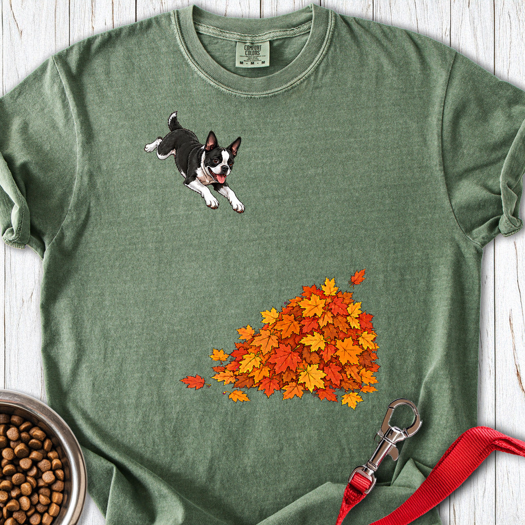 Boston Terrier Leaf Pile Premium Tee — Moss