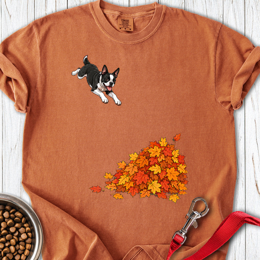 Boston Terrier Leaf Pile Premium Tee — Yam