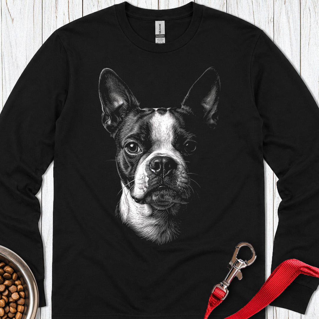 Boston Terrier Portrait Long Sleeve — Black