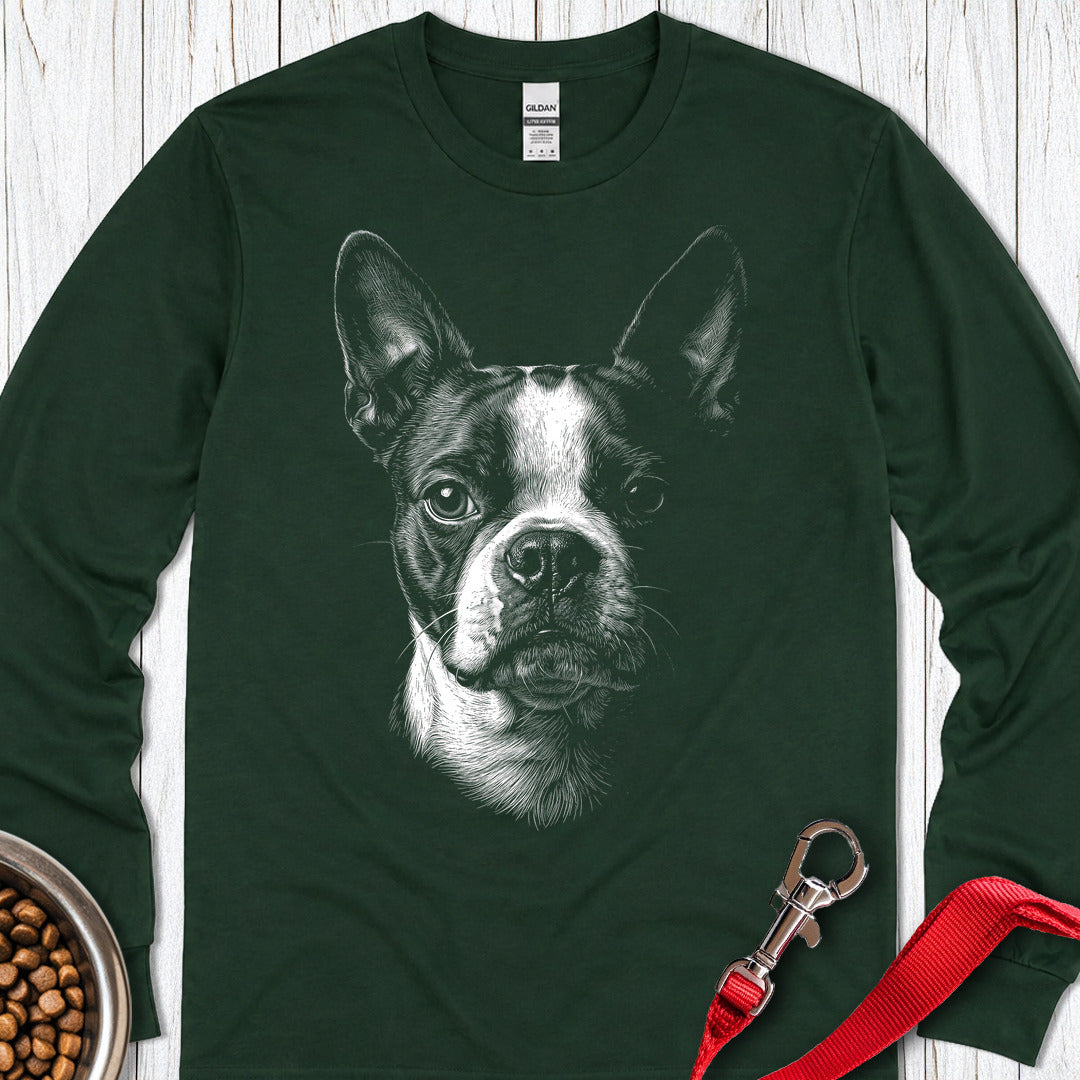 Boston Terrier Portrait Long Sleeve — Forest Green