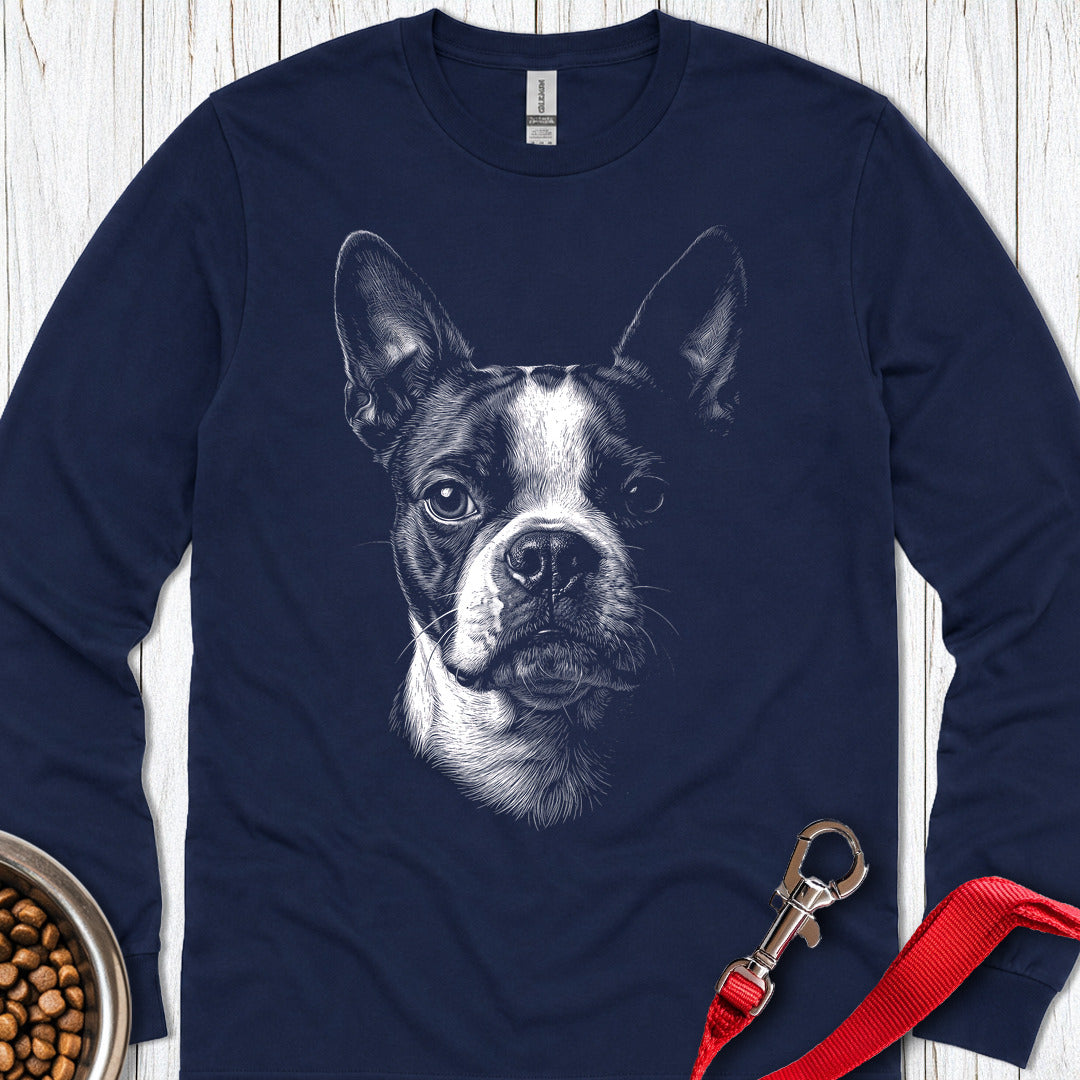Boston Terrier Portrait Long Sleeve — Navy