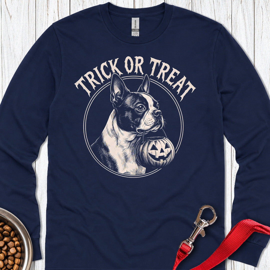 Boston Terrier Trick Or Treat Long Sleeve — Navy