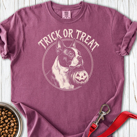 Boston Terrier Trick Or Treat Premium Tee — Berry