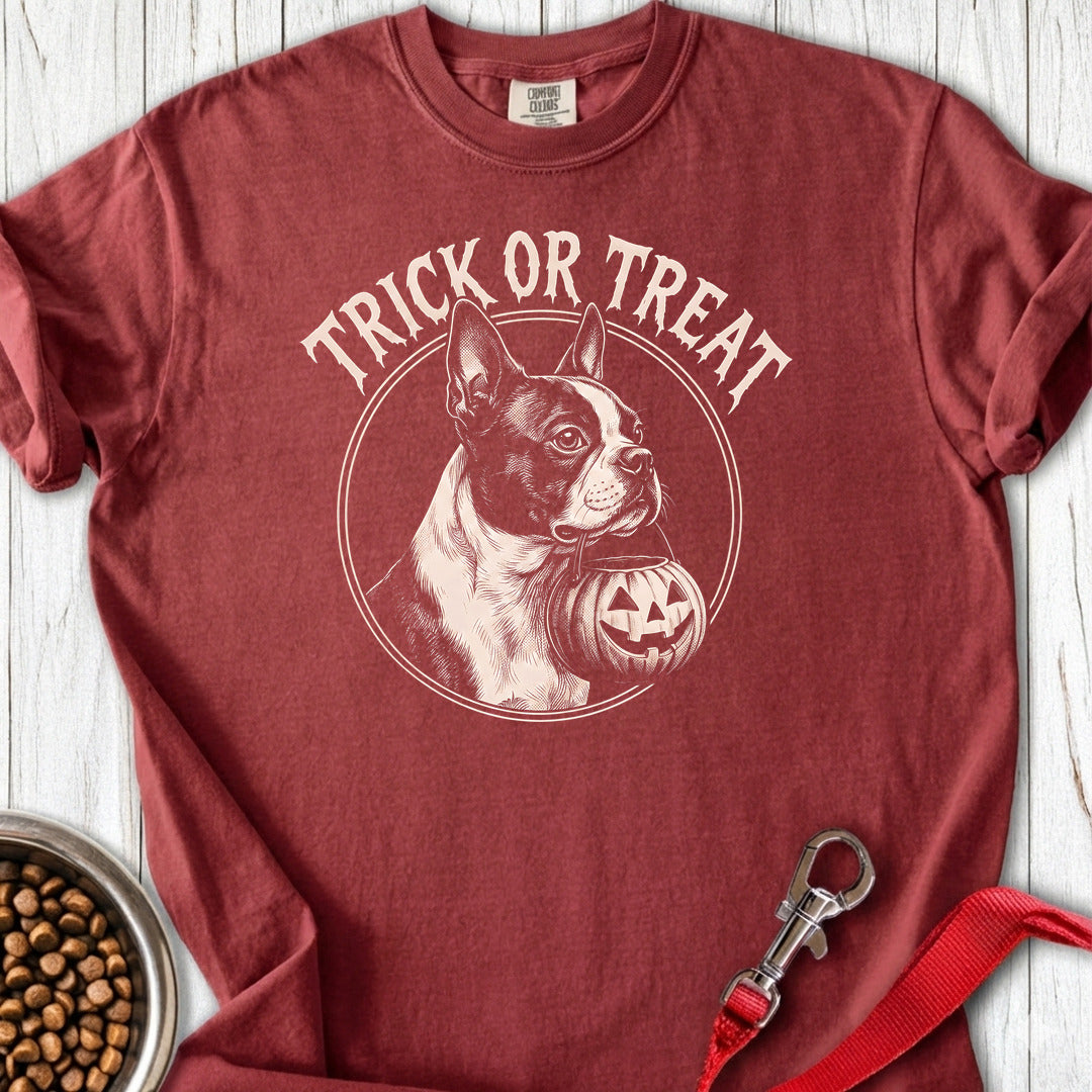 Boston Terrier Trick Or Treat Premium Tee — Brick
