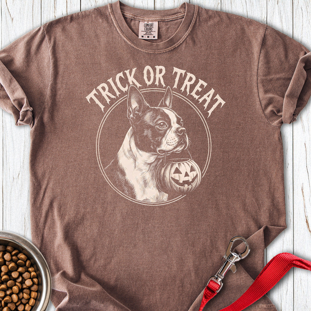 Boston Terrier Trick Or Treat Premium Tee — Espresso