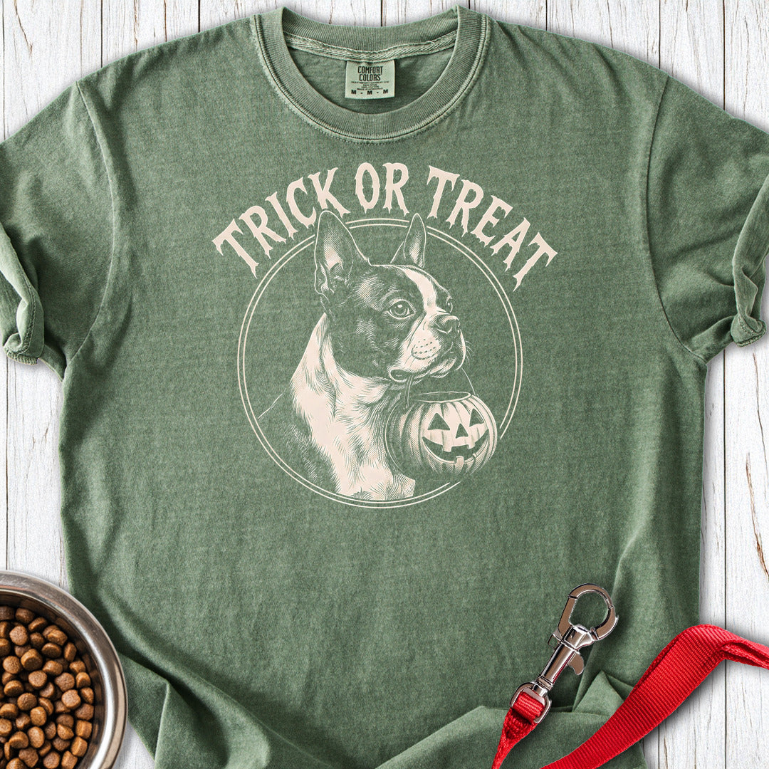 Boston Terrier Trick Or Treat Premium Tee — Moss