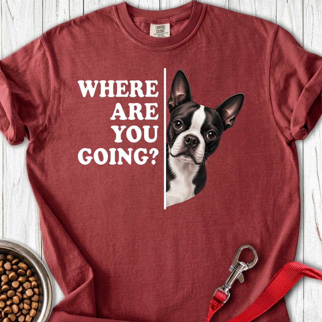 Boston Terrier Where Are You Going Premium Tee — Brick