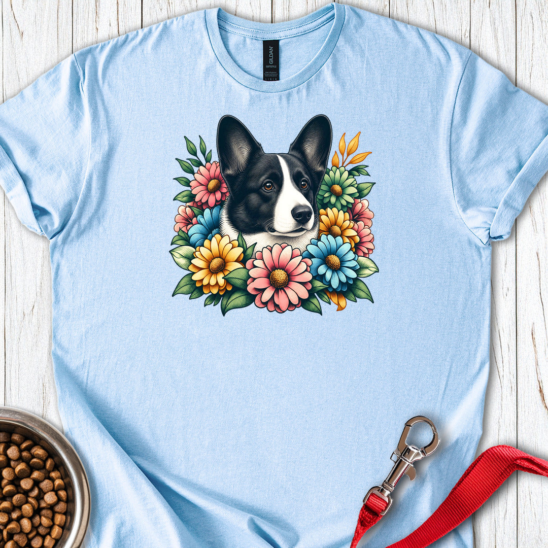 Cardigan Welsh Corgi Black And White Flower Wreath — Light Blue