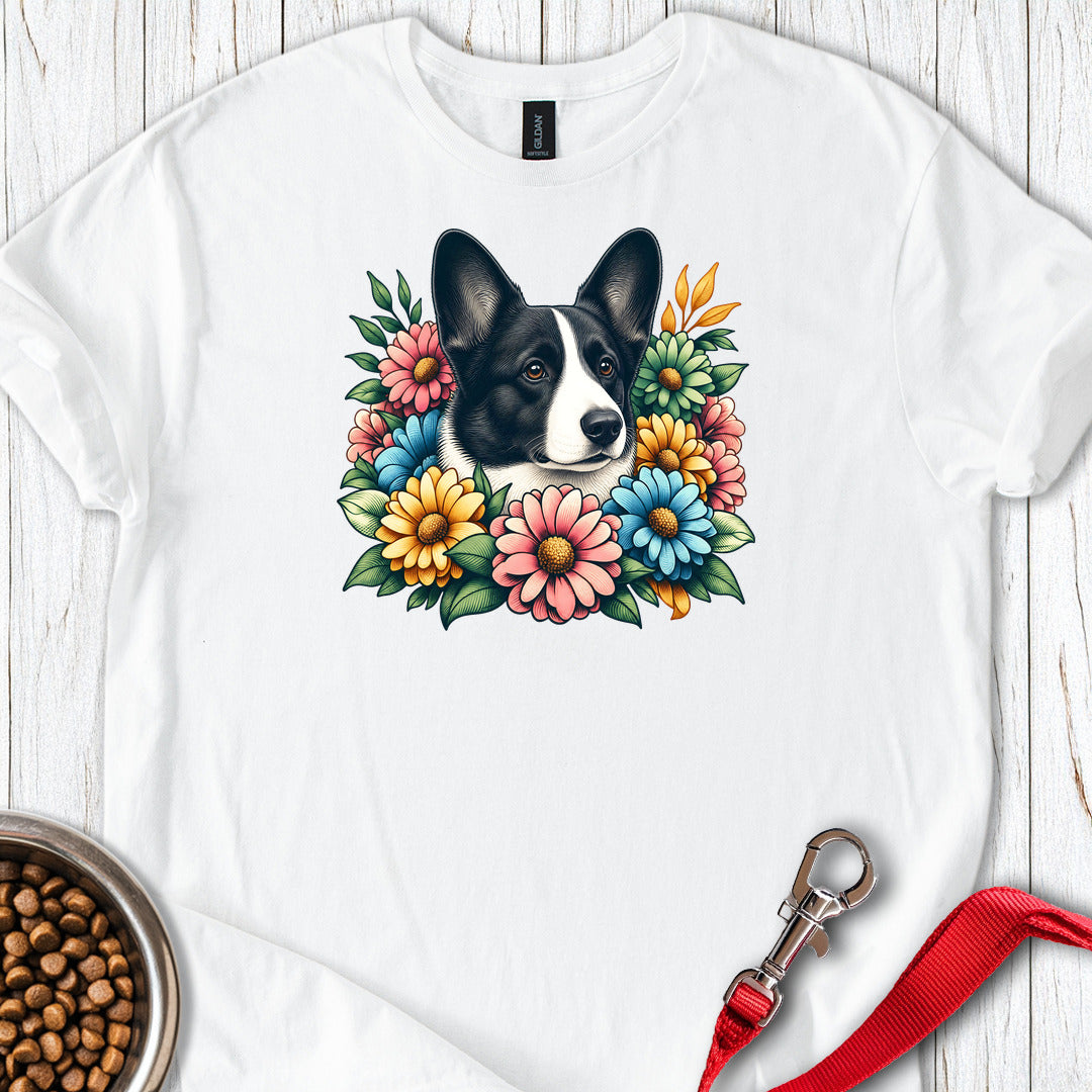 Cardigan Welsh Corgi Black And White Flower Wreath — White