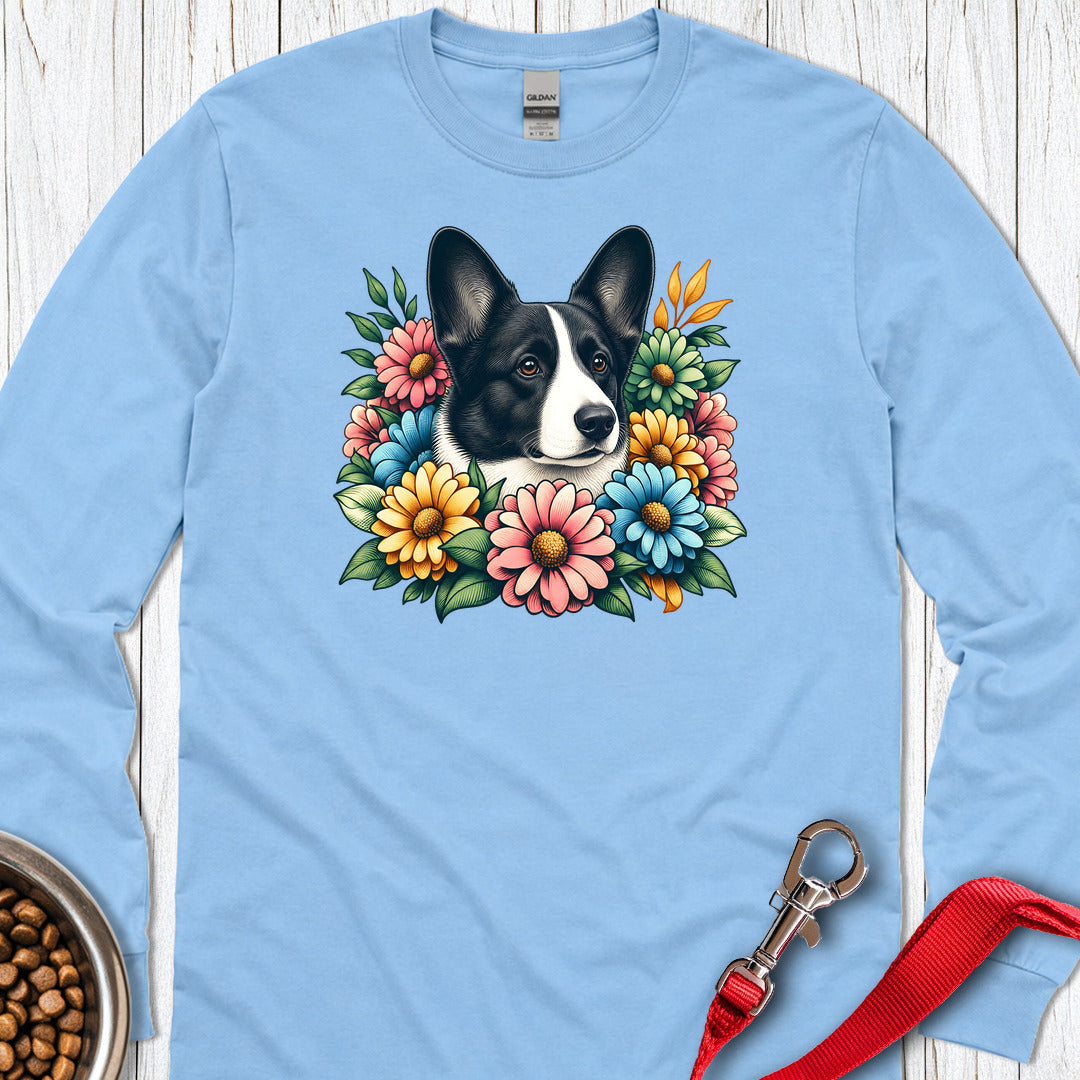 Cardigan Welsh Corgi Black And White Flower Wreath Long Sleeve — Carolina Blue