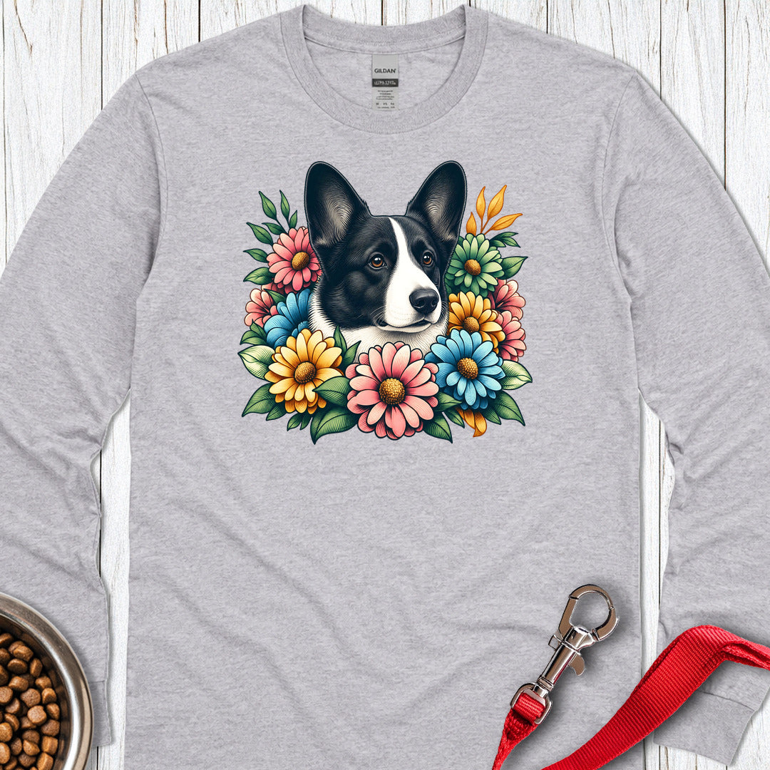 Cardigan Welsh Corgi Black And White Flower Wreath Long Sleeve — Sport Grey