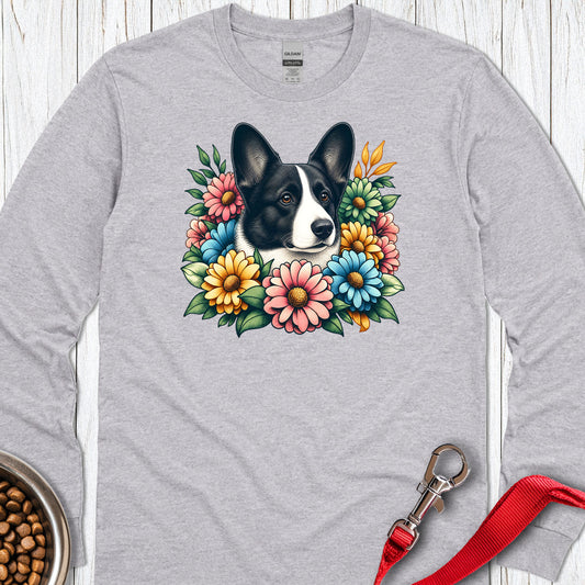 Cardigan Welsh Corgi Black And White Flower Wreath Long Sleeve — Sport Grey