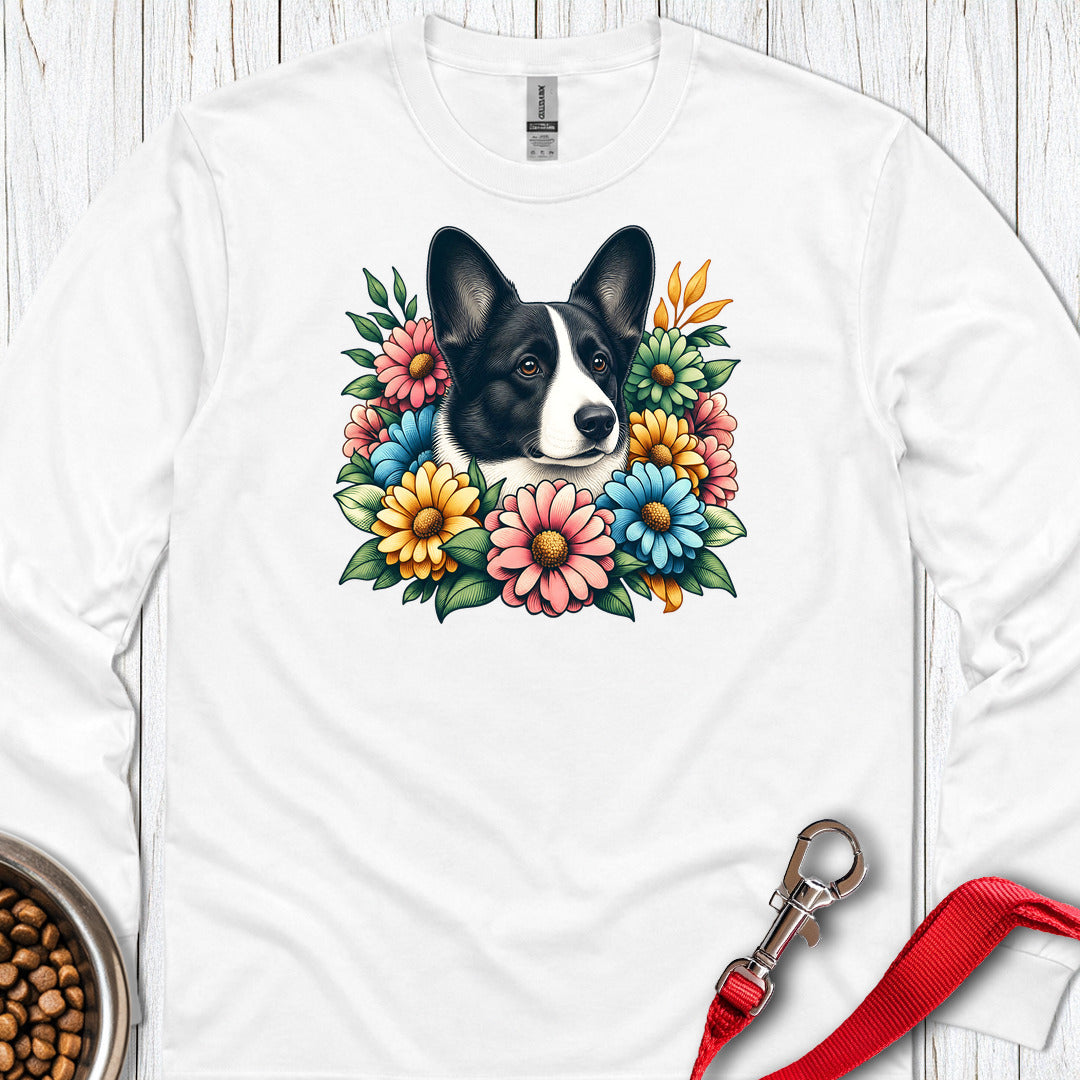 Cardigan Welsh Corgi Black And White Flower Wreath Long Sleeve — White
