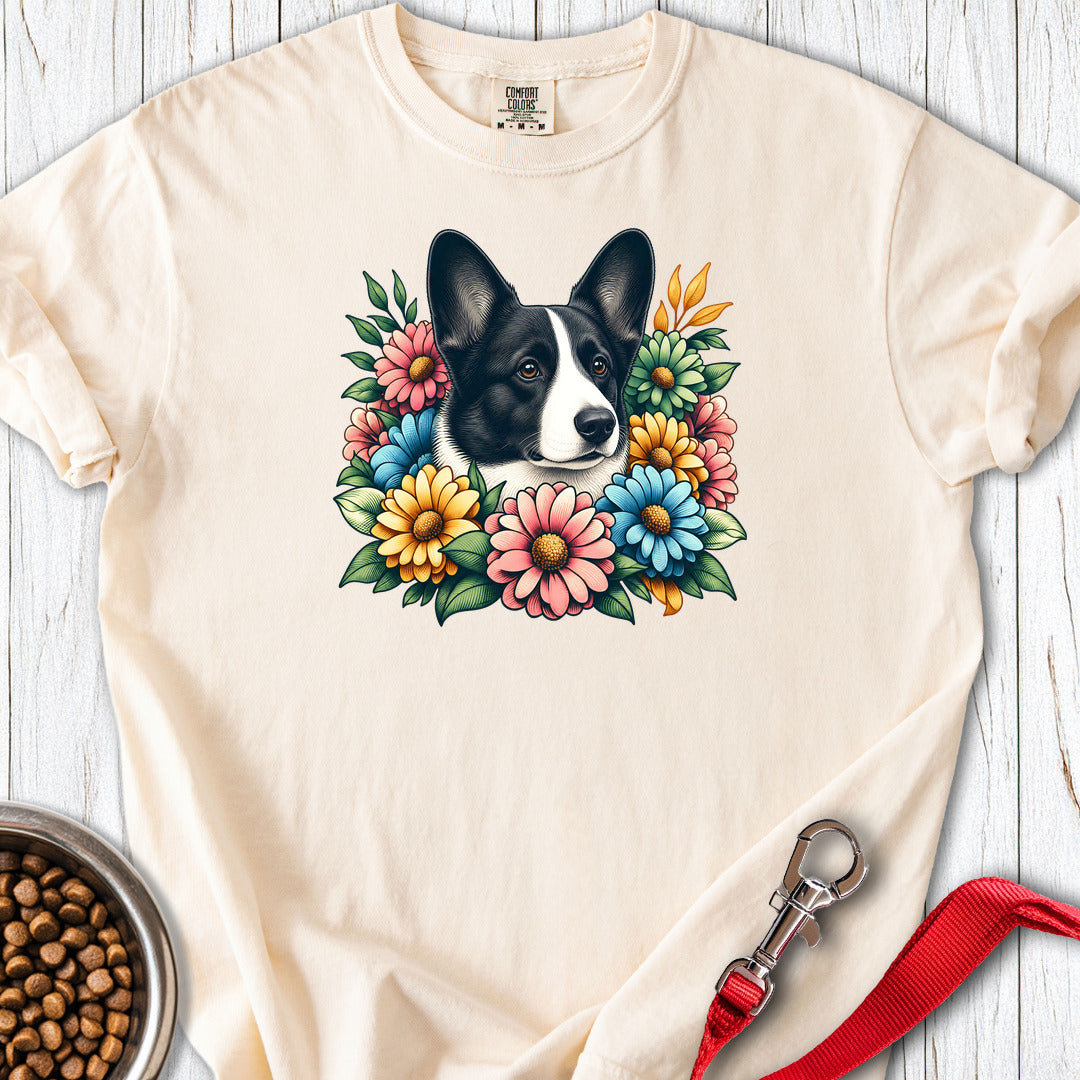 Cardigan Welsh Corgi Black And White Flower Wreath Premium Tee — Ivory