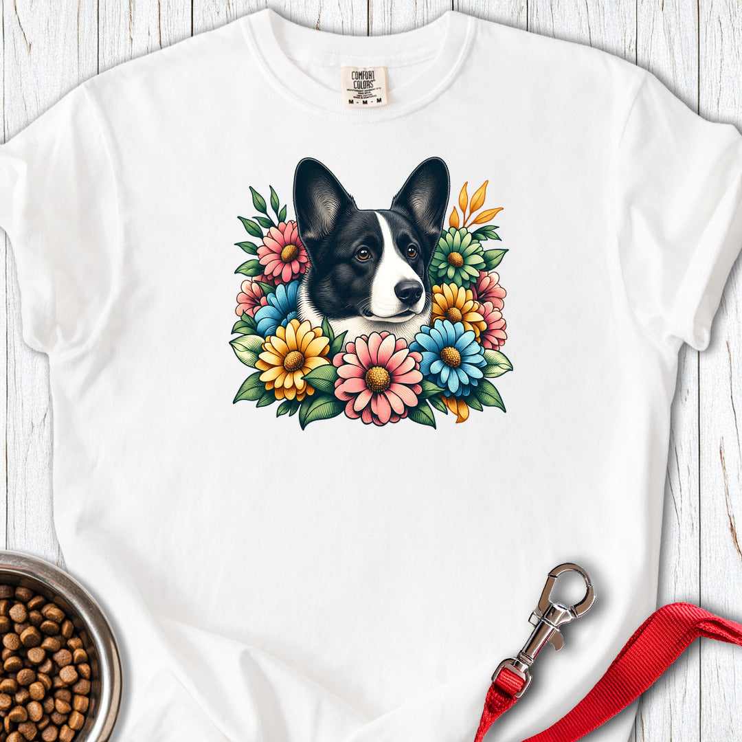 Cardigan Welsh Corgi Black And White Flower Wreath Premium Tee — White