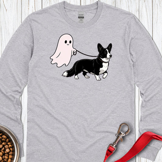 Cardigan Welsh Corgi Black And White Ghost Walk Long Sleeve — Sport Grey