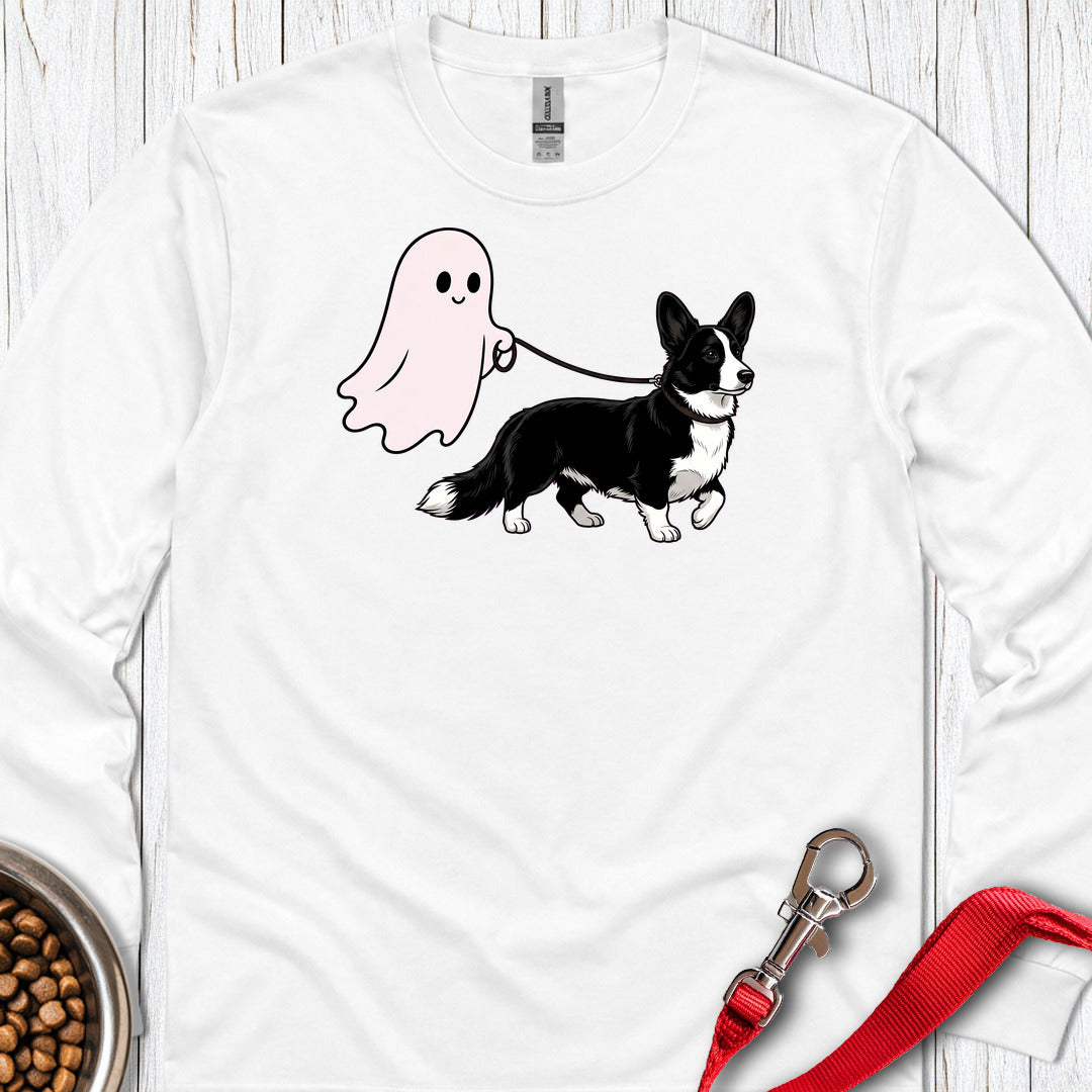 Cardigan Welsh Corgi Black And White Ghost Walk Long Sleeve — White