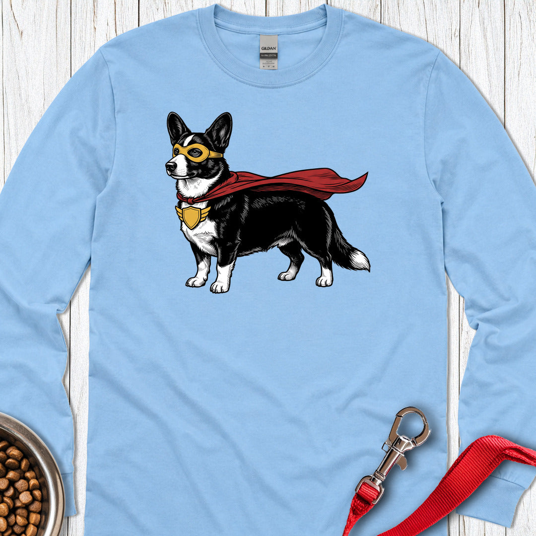 Cardigan Welsh Corgi Black And White Superhero Long Sleeve — Carolina Blue