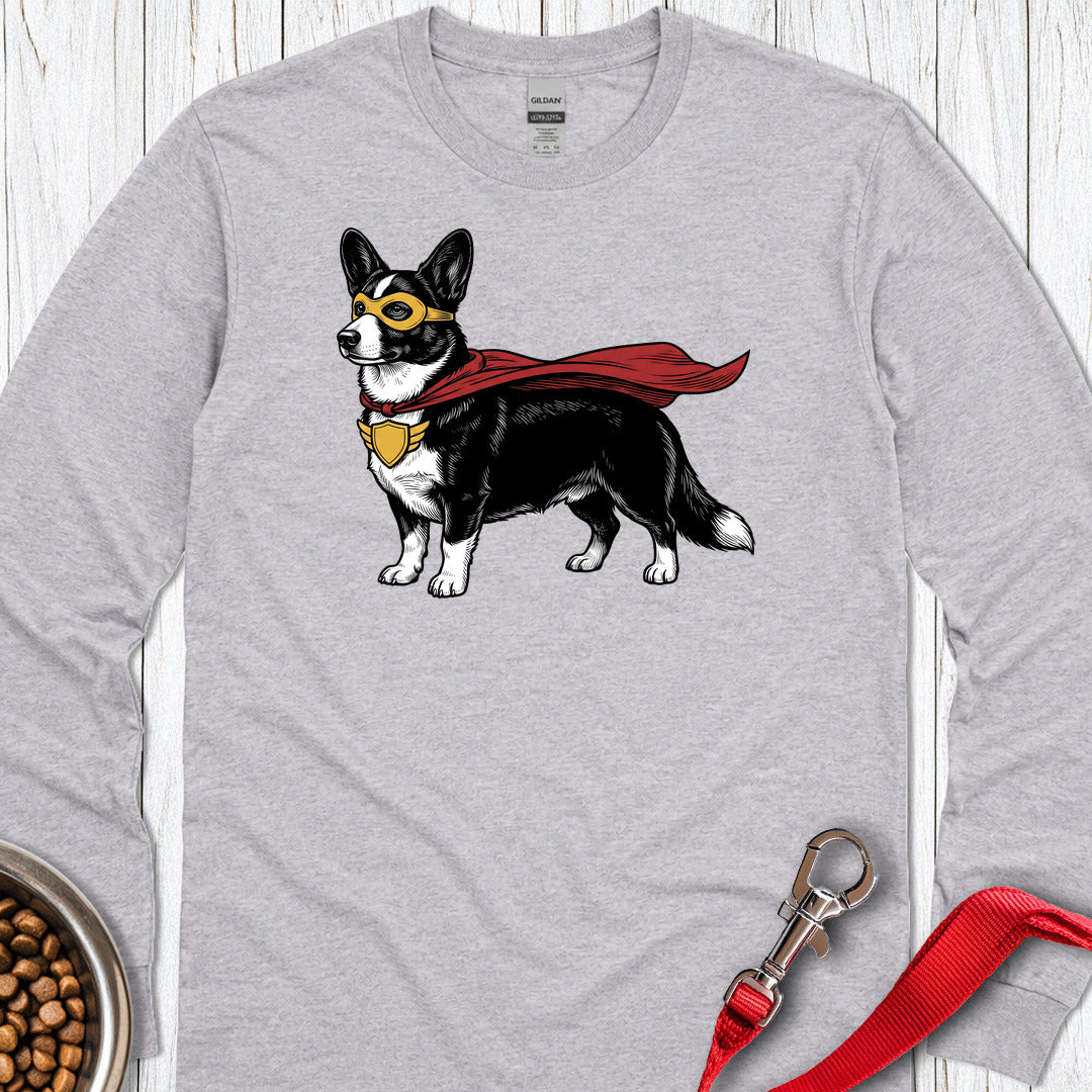 Cardigan Welsh Corgi Black And White Superhero Long Sleeve — Sport Grey