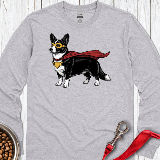Cardigan Welsh Corgi Black And White Superhero Long Sleeve — Sport Grey
