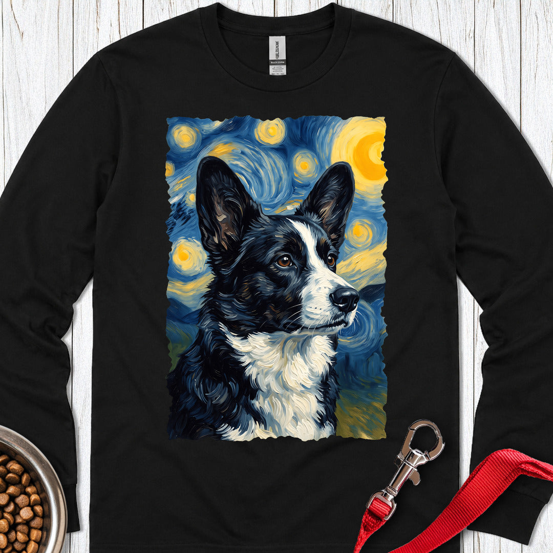 Cardigan Welsh Corgi Black And White Van Gogh Long Sleeve — Black