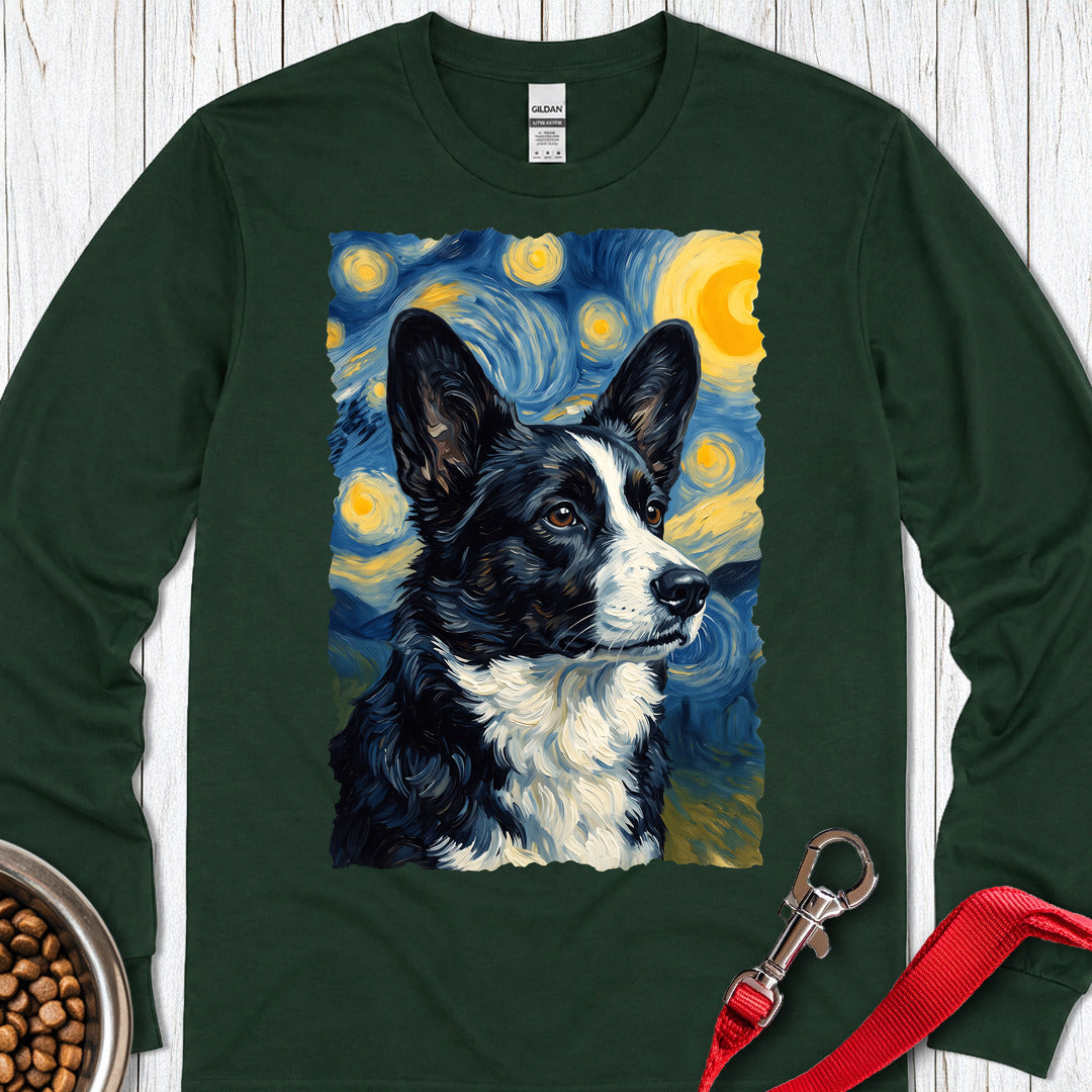 Cardigan Welsh Corgi Black And White Van Gogh Long Sleeve — Forest Green