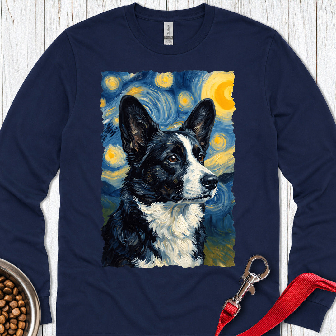 Cardigan Welsh Corgi Black And White Van Gogh Long Sleeve — Navy