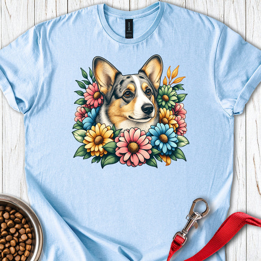 Cardigan Welsh Corgi Blue Merle Flowers — Light Blue