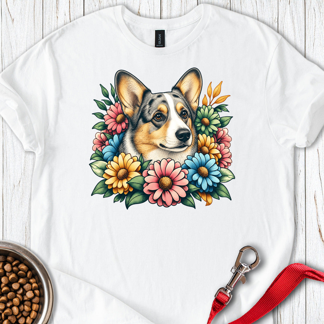 Cardigan Welsh Corgi Blue Merle Flowers — White