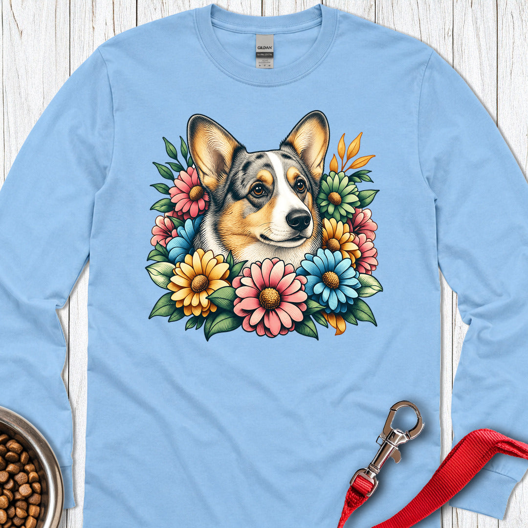 Cardigan Welsh Corgi Blue Merle Flowers Long Sleeve Carolina Blue