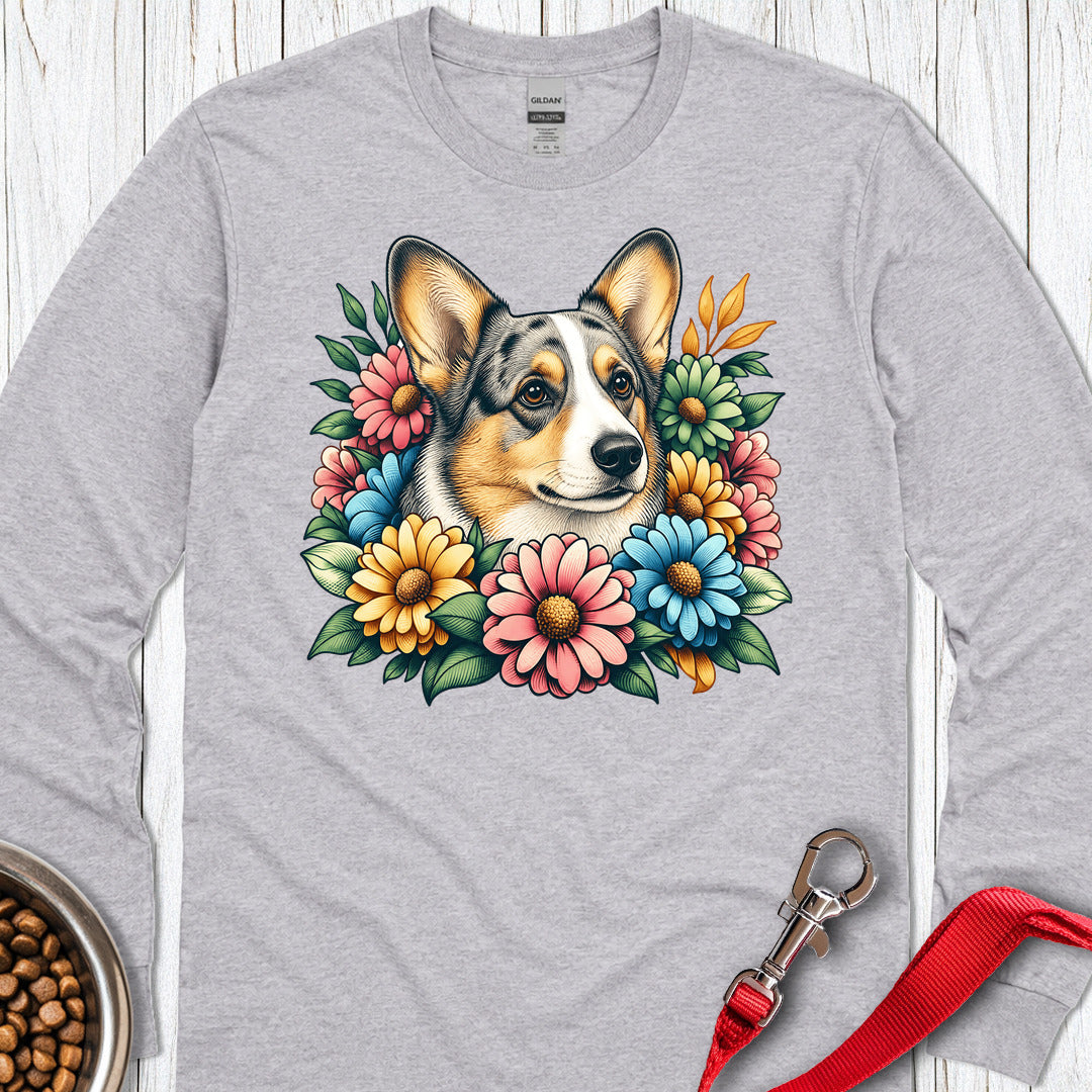 Cardigan Welsh Corgi Blue Merle Flowers Long Sleeve Sport Grey