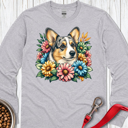 Cardigan Welsh Corgi Blue Merle Flowers Long Sleeve — Sport Grey