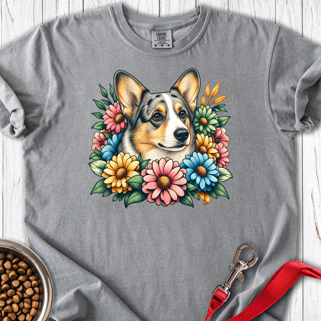 Cardigan Welsh Corgi Blue Merle Flowers Premium Tee — Grey
