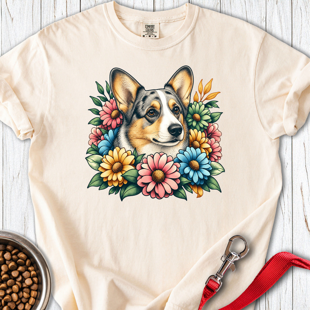 Cardigan Welsh Corgi Blue Merle Flowers Premium Tee — Ivory