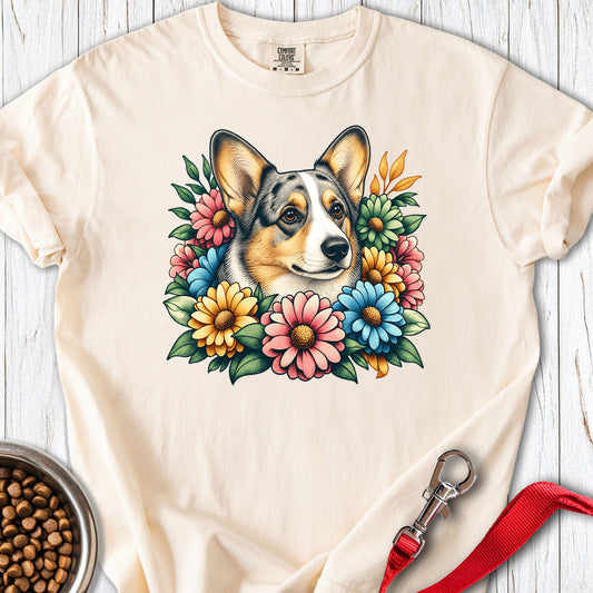 Cardigan Welsh Corgi Blue Merle Flowers Premium Tee Ivory