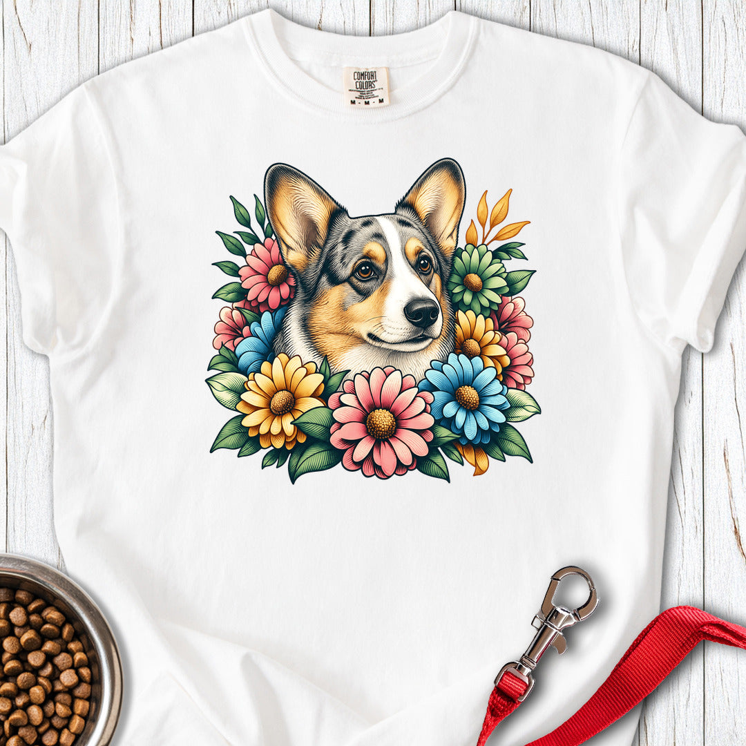Cardigan Welsh Corgi Blue Merle Flowers Premium Tee — White